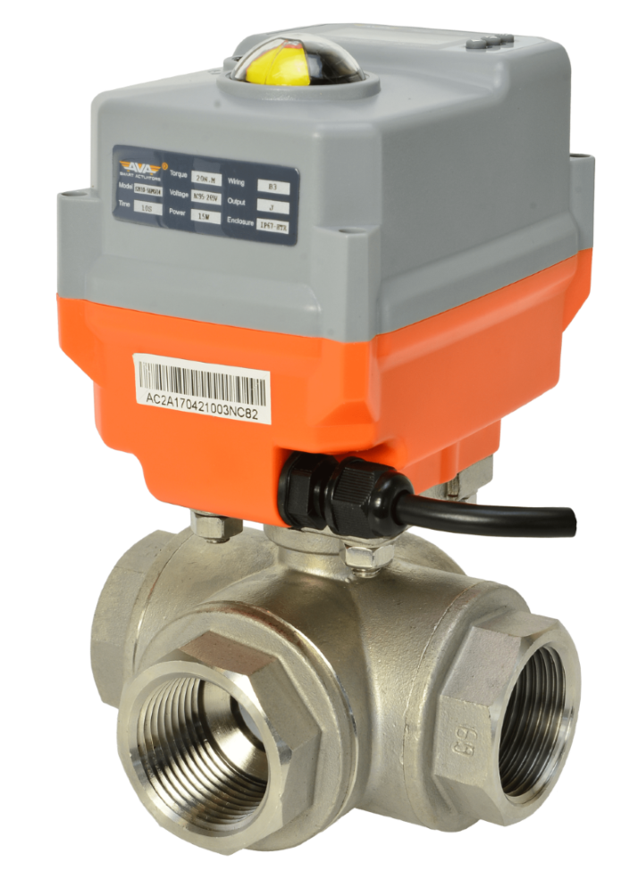 M39 Series electric actuated 3 way stainless steel ball valve with AVA Basic electrical actuator J3CS from AVS